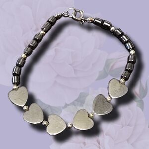 Metallic Gunmetal Heart & Beaded Bracelet